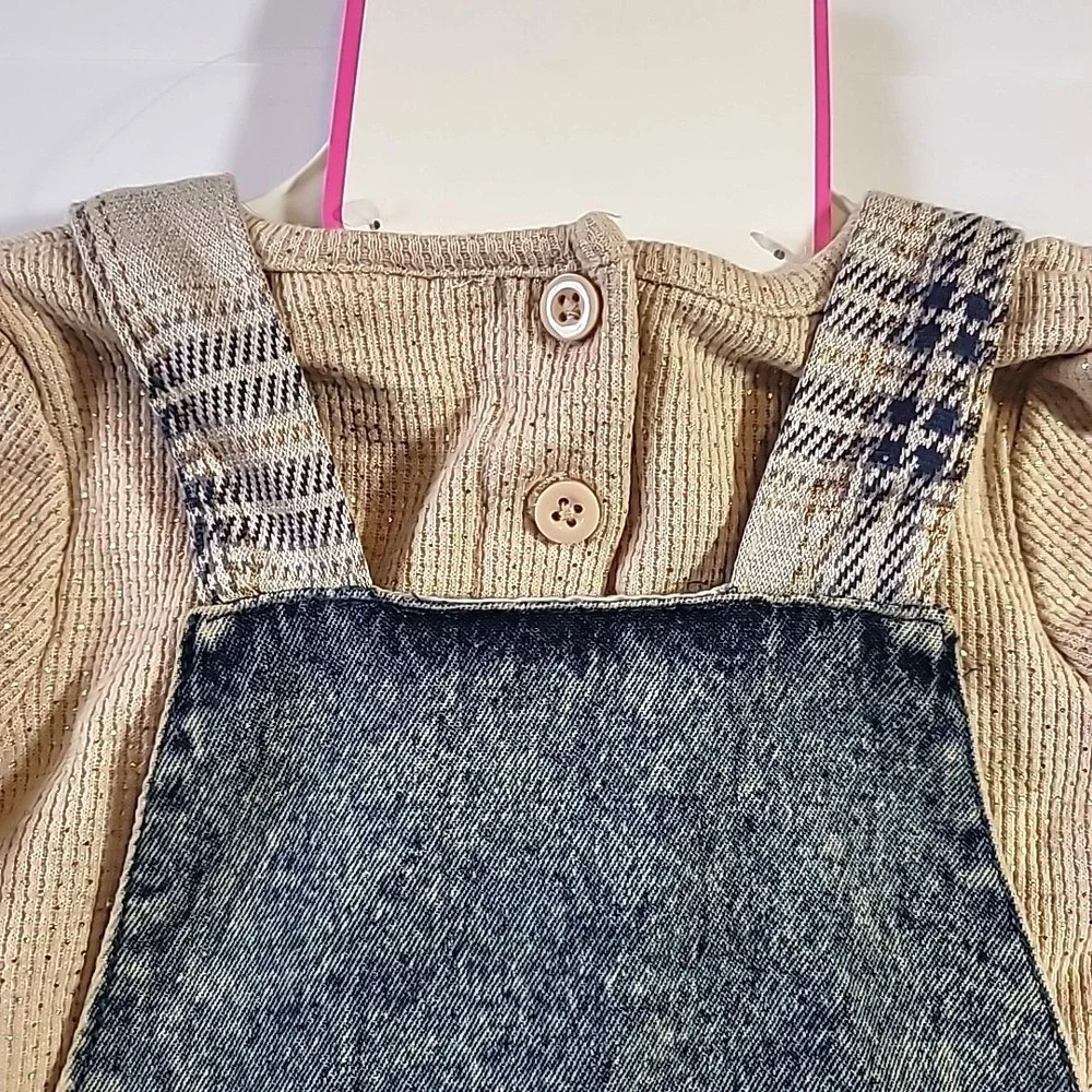 Little Lass Baby Girl Size 18M Denim Jean Bib & Plaid Dress-Bodysuit & Headband